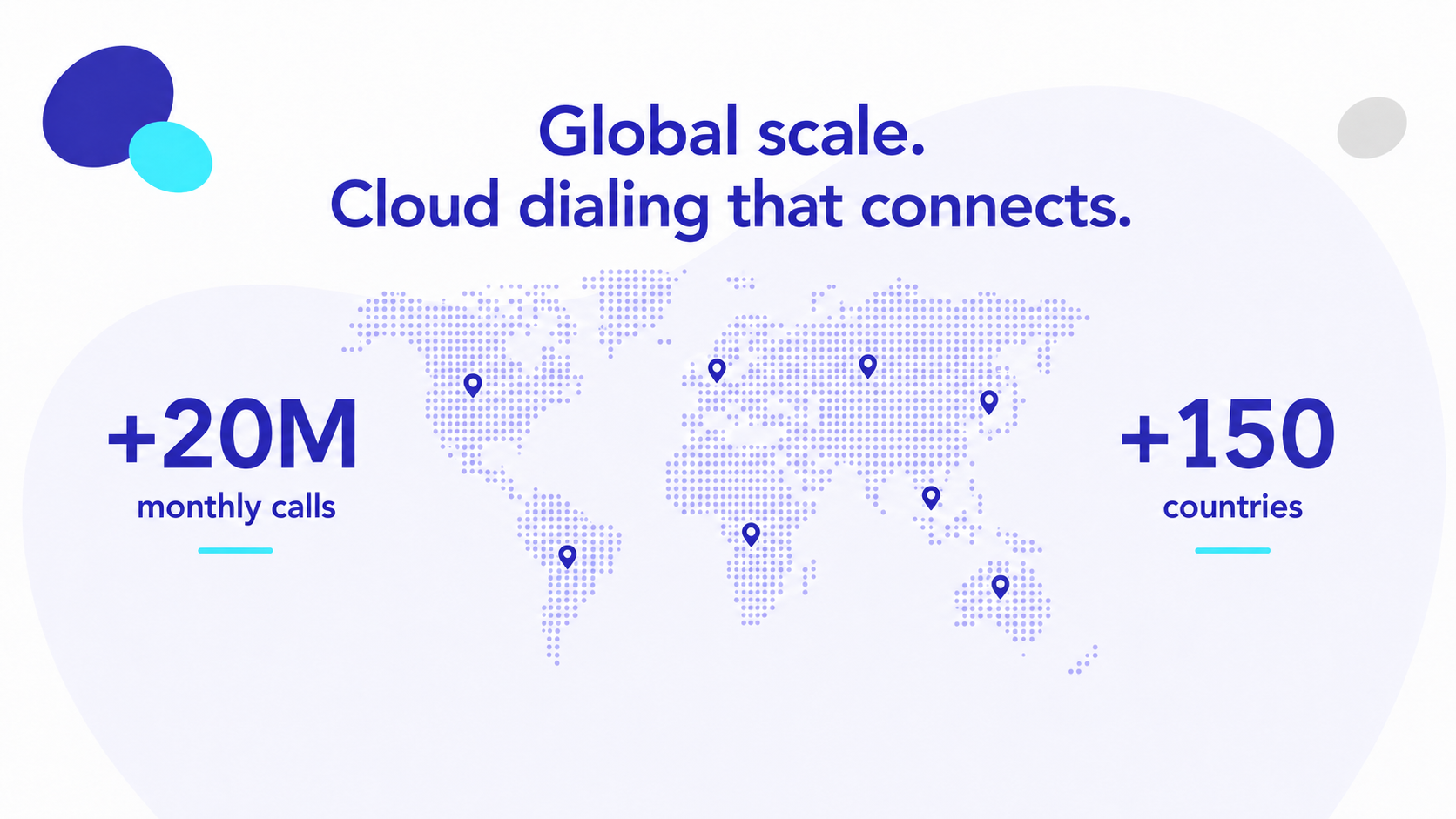 An infographic showing over 20 million monthly calls handled across more than 150 countries.